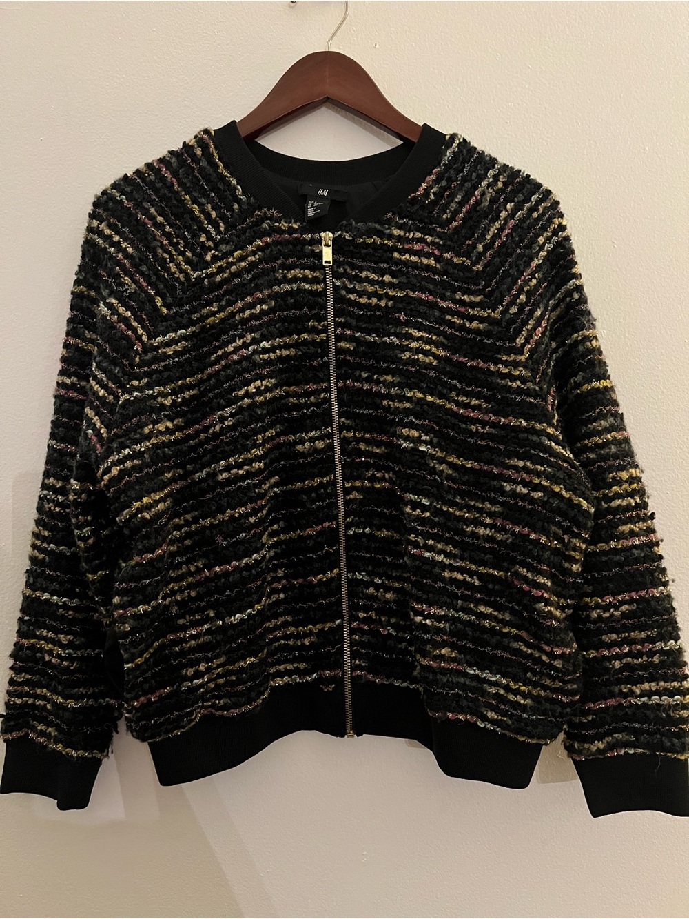 H&M Black Textured Multi-Striped Bomber Jacket
